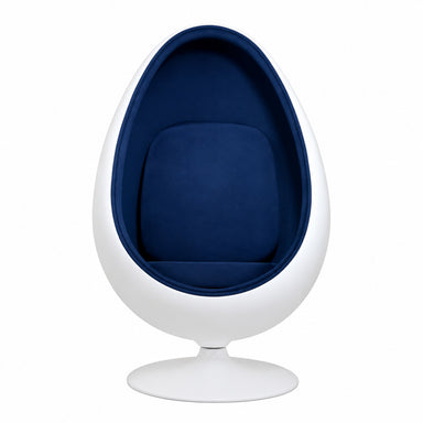 A modern egg-shaped pod chair with a white molded shell and a deep navy blue interior.