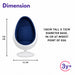 Egg-shaped modern chair with a white shell and dark blue cushioned interior, shown with dimension labels.