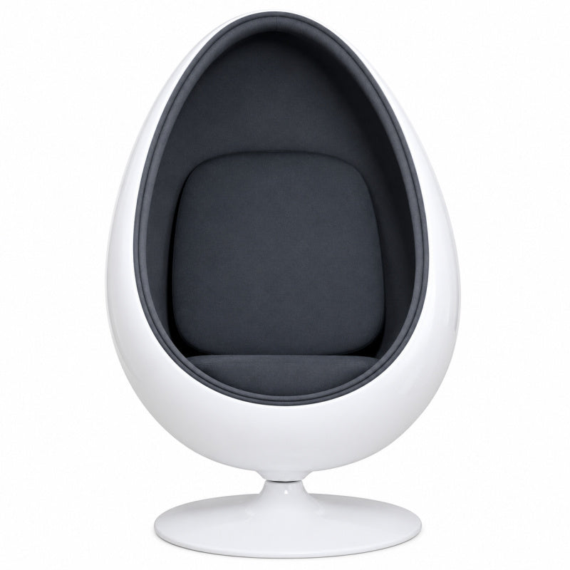 A modern egg-shaped pod chair with a glossy white shell and dark gray fabric seat.