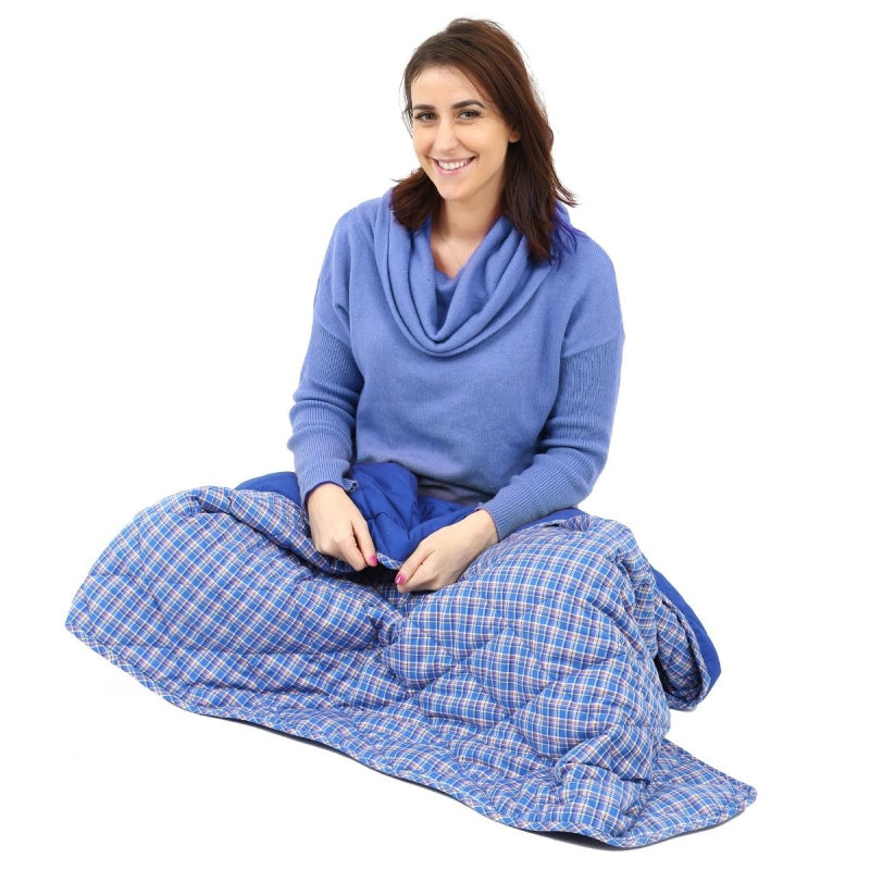 blue colour plaid weighted blanket used to wrap legs