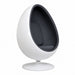 A modern egg-shaped pod chair with a glossy white exterior and a dark gray interior, supported by a matching white circular base, shown against a plain white background.