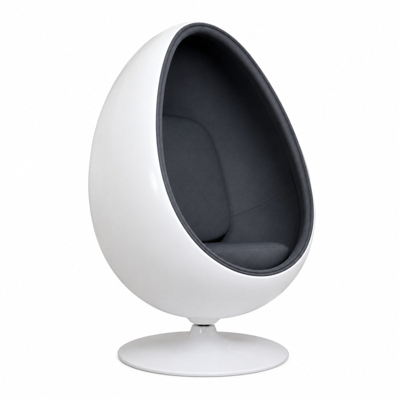 A modern egg-shaped pod chair with a glossy white exterior and a dark gray interior, supported by a matching white circular base, shown against a plain white background.